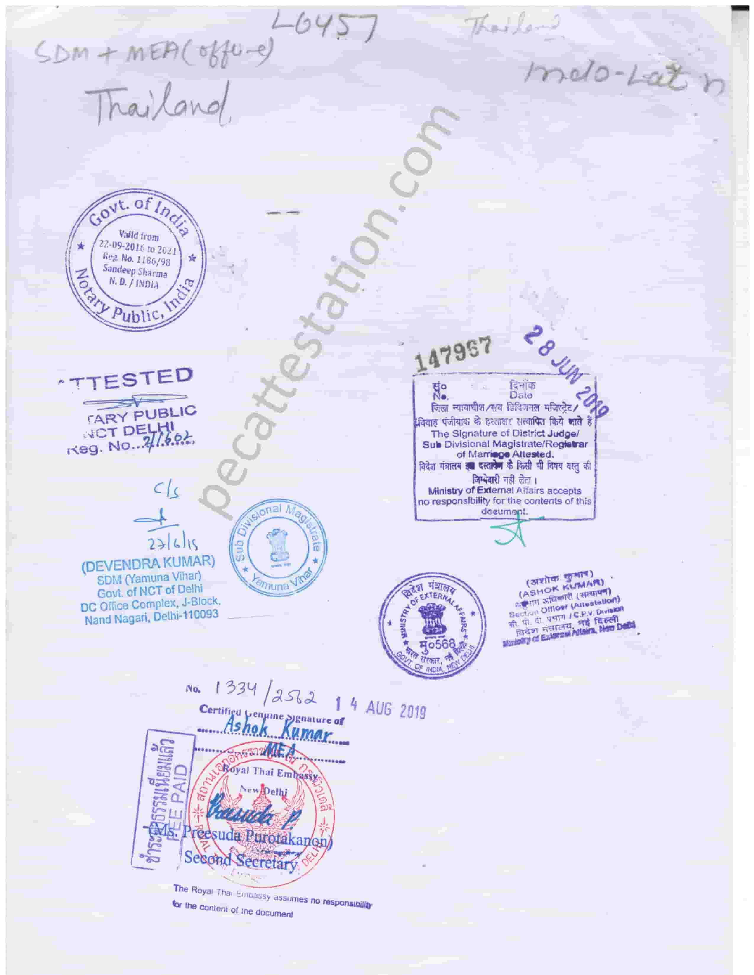 Personal document attestation for thailand